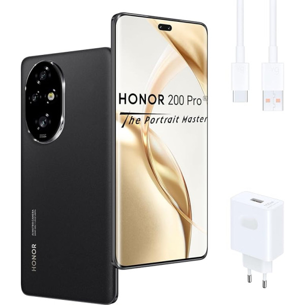 HONOR 200 Pro 5G viedtālrunis 12 + 512 GB, 6,78 collu OLED ekrāns 120 Hz, 50 MP galvenā portreta kamera, Snapdragon 8s 3. paaudzes, 5200 mAh akumulators ar 100 W uzlādi, MagicOS 8.0, Dual SIM NFC, melns