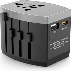 Ceļojuma adapteris visā pasaulē, universāla ceļojuma kontaktdakša ar 1USB-A, 1USB-C un 1AC ligzdu, USB C PD 30 W ātrdarbīga uzlāde, starptautisks kontaktligzdas adapteris Vācijai, ASV, Anglijai, Austrālijai (melns)