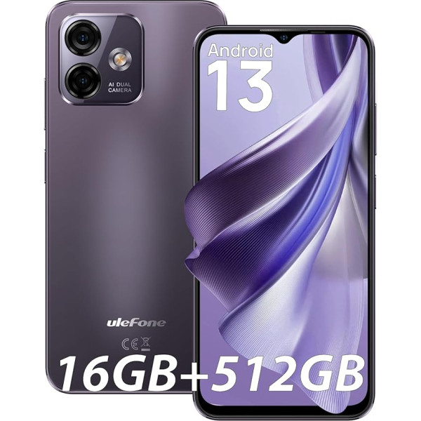 Ulefone Note 16 Pro Mobilais telefons, 512GB ROM + 16GB RAM, Android 13, Kamera 50MP, Dual SIM 4G tālrunis, 6,52 collu HD+ ekrāns, 4400 mAh akumulators, Pirkstu nospiedumi, Face ID/OTG/3 slots - Violets