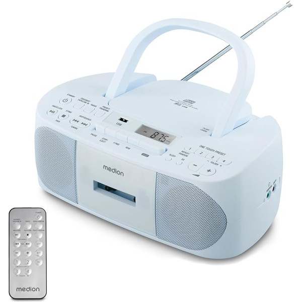 MEDION E65010 Stereo radio (CD atskaņotājs, kasešu atskaņotājs, USB ports, AUX audio ieeja, MP3 atskaņošana. FM PLL radio, 40 staciju atmiņa, darbojas ar akumulatoru, tālvadības pults) Zils