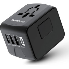 TravelHawk ceļojuma adapteris visā pasaulē - 20W G tipa, A tipa, D tipa USB-C un 3 USB ceļojuma kontaktdakšas, ātrais lādētājs, ceļojuma adapteris Lielbritānija, ASV, Austrālija, Āzija, Dienvidamerika, Āfrika