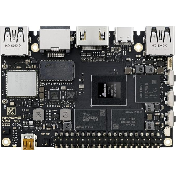 Vienplates dators Khadas VIM4 aktīvās dzesēšanas komplekts ar NPU Amlogic A311D2 4K UI Atbalsta HDMI ievadi 4 neatkarīgi displeji LAN WiFi6 8GB LPDDR4X RAM Mali-G52 MP8 (8EE) GPU 32-bitu STM32G031K6 MCU