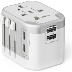 zunkfulu ceļojuma adapteris visā pasaulē, universāla ceļojuma kontaktdakša ar 2 USB-C, 2 USB-A, starptautisks kontaktligzdas adapteris, ceļojuma adapteris Vācijai, ASV, Apvienotajai Karalistei, ES, Anglijai, Taizemei, Itālijai, Japānai, Kanādai