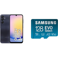 Samsung Galaxy A25 5G viedtālrunis, bez Simlock, bez līguma, Android mobilais tālrunis, 128 GB, ātrās uzlādes funkcija Blue Black EVO Select (2021) microSD karte + SD adapteris, 128 GB, Full HD, 130 MB/s nolasīšana