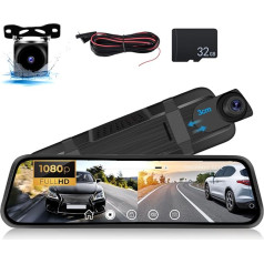 CAMECHO spoguļa Dash Cam ar 1080P atpakaļgaitas kameru, Dash Cam automašīnas priekšējais aizmugurējais ar 9,66 collu IPS skārienekrānu, Super nakts redzamības cilpas ierakstīšana G-sensors atpakaļgaitas palīdzība Mobilā uzraudzība + 32GB 