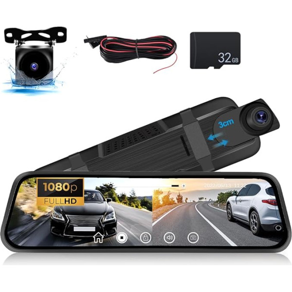 CAMECHO spoguļa Dash Cam ar 1080P atpakaļgaitas kameru, Dash Cam automašīnas priekšējais aizmugurējais ar 9,66 collu IPS skārienekrānu, Super nakts redzamības cilpas ierakstīšana G-sensors atpakaļgaitas palīdzība Mobilā uzraudzība + 32GB 