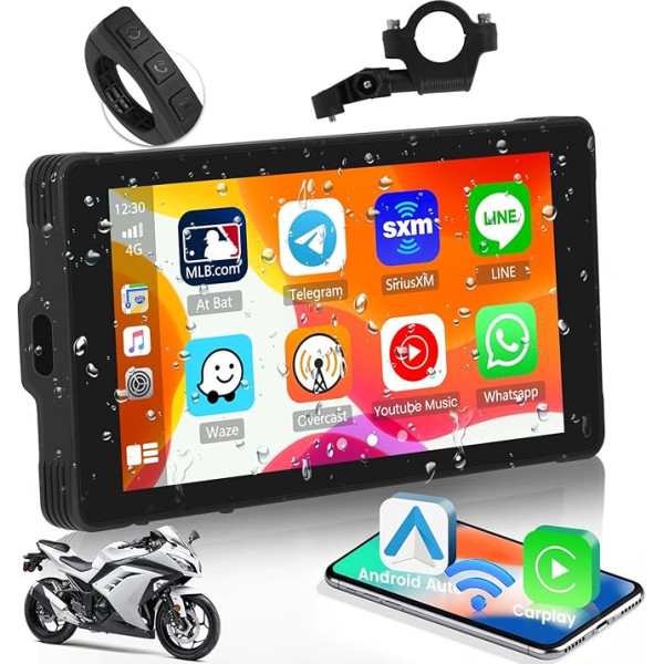 Hikity Bluetooth Portable Carplay Android auto radio motocikliem, 5,5 collu 1080P IPS skārienekrāns, Mirror Link/GPS/Siri/TF, stiprinājumi uz moto stūres