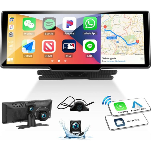 Carplay Pārnēsājamais auto radio Bezvadu Android auto 10,26 collu skārienekrāns ar priekšējo kameru un priekšējo kameru 2,5K ar navigāciju Bluetooth Mirror Link FM/AUX/Type-C + aizmugures skata kamera 1080p