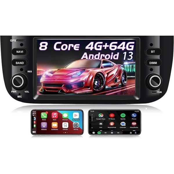 AneQu Auto radio Fiat Punto evo 2010-2017, Fiat Linea 2012-2015 ar Android 13, 8-core 4GB RAM 64GB ROM Single 1 DIN GPS Navigator for Carplay Android Car