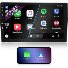 2 DIN auto radio, 10 collu 1080P HD skārienjūtīgais ekrāns ar Bluetooth, Android auto radio ar satelītnavigāciju, bezvadu CarPlay un bezvadu Android auto, FM radio, Mirrorlink, WiFi, 2 USB porti, 2G + 32G