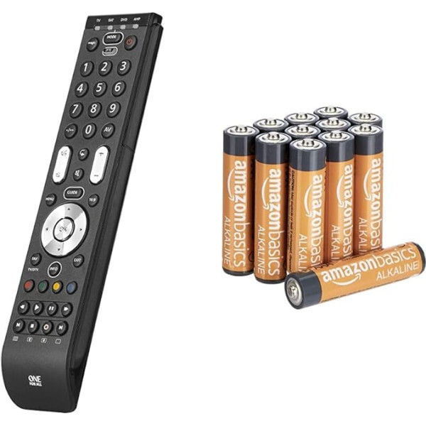 One For All Essence 4 Universal Remote Control TV - 4 ierīču un Amazon Basics Performance baterijas, sārmu baterijas, AAA, 12 gab. (dizains var atšķirties no attēlā redzamā)