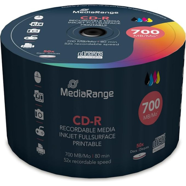 MEDIARANGE MR208 Drukājama kūka 50 CD-R tukšie diski 52x ātrums, 700MB 80 min.