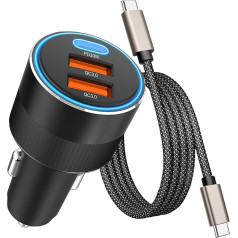 66W 3 portu cigarešu aizdedzinātāja USB C adaptera auto lādētājs PD30W + Dual QC 3.0 18W auto lādētājs cigarešu aizdedzinātāja ātrai uzlādei ar 1M USB C uzlādes kabeli 3A