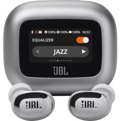 JBL Live Buds 3 bezvadu austiņas ar Bluetooth, 40 stundu akumulatora darbības laiks, True Adaptive Noise Cancelling un augstas izšķirtspējas signatūras skaņa, IP55 ūdensizturīgas, sudraba krāsā