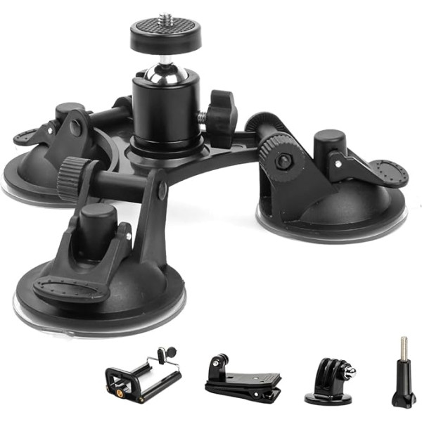 Geila Triple Cup kameras piesūcekņu turētājs Triple Suction Cup Mount ar 1/4 vītnes galvu un 360 grādu statīva lodveida galvu (Triple Cup Set)