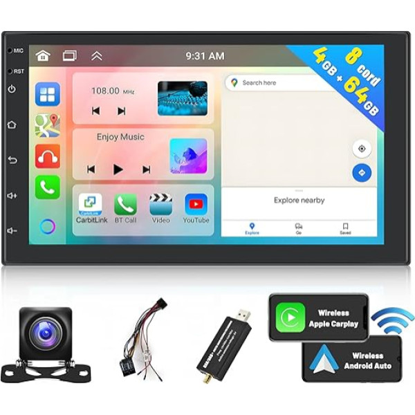 Hikity Double DIN DAB/DAB+ Android auto radio ar bezvadu CarPlay Android auto spoguļa saiti, 2DIN auto radio ar navigāciju 7 collu IPS ekrāns DSP WiFi DAB RDS FM radio atpakaļgaitas kamera 4 + 64 GB