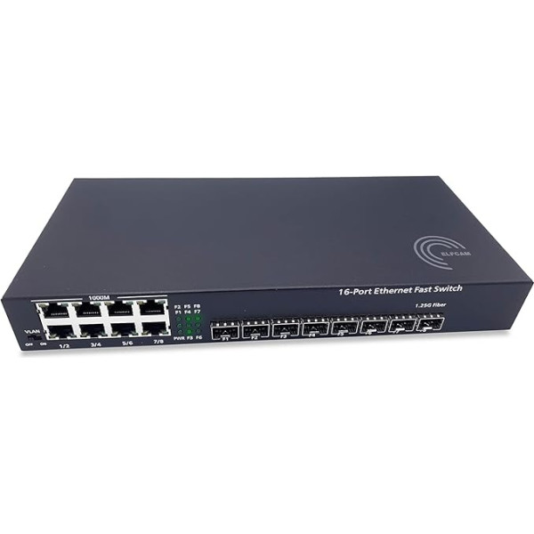 Elfcam® - Gigabit Ethernet LAN komutators ar 8 x Gigabit SFP 1,25G portiem un 8 x Gigabit Ethernet 10/100/1000Mbps portiem, Plug-and-Play Gigabit Switch LAN sadalītājs (8 SFP porti)