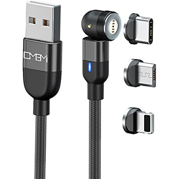 Universāls ātrās uzlādes kabelis (3A) viedtālrunim (iPhone, Samsung, iPad, PS4, PS5, skaļruņiem...) 3-in-1 magnētiskais savienotājs C tipa/Micro USB/Mightning [2023] (melns, 2m) (2m)