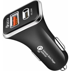 Olakey USB C auto lādētājs, dubultais USB auto lādētāja adapteris ar 20 W PD portu, ātru QC3.0 un LED indikatoru (melns) DYB-B2