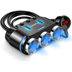 YANTU Dual USB auto lādētāja adapteris Cigarešu aizdedzinātāja sadalītāja ligzda 12V/24V 150W 3.1A ar strāvas un sprieguma mērītāju LED displejs ar zemu sprieguma līmeni (melns)