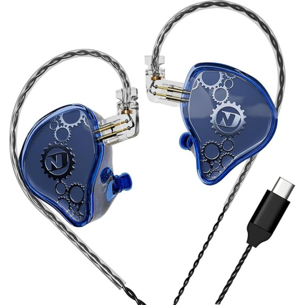 ND Venus In-Ear monitora austiņas, 10 mm dubultā magnētiskā dinamiskā draivera, IEM austiņas, HiFi vadu spēļu austiņas, 2 kontaktu noņemams kabelis (ar mikrofonu, zils)