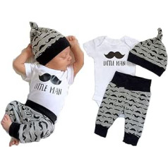 Juflam Newborn Baby Boys Apģērbs Little Man Top Romper + Bikses Legingi + Cepure 3 Dabiņu Apģērbu Komplekti