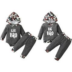 Hinzonek Baby Boys Brother pieskaņoti tērpi Big Little Brother Hoodie ar garām piedurknēm Romper Top Plaid Bikses Sweatsuit apģērbu komplekts, Lil Bro, 0-3 Monate