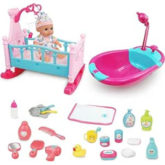 RedCrab Baby Doll Accessories Rotaļu komplekts 2-in-1 leļļu gulta un vanna ar darba dušu, 24 gabalu rotaļu komplekts lelles vannas komplekts ar miniatūru gultu, Baby Doll rotaļu komplekts Dāvana meitenēm zēniem