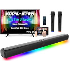 Vocal-Star karaoke iekārta, Soundbar, 250 W, 2 bezvadu UHF mikrofoni, sienas stiprinājums, 9 RGBW gaismas efekti, tālvadības pults, HDMI ARC, BT, AUX, optiskais