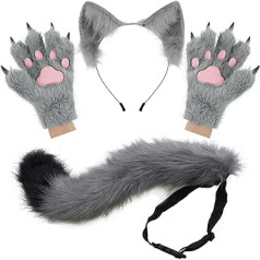 hbbhml Fluffy Ears Tail un Cat Paw Cimdi komplekts Cosplay kostīmu aksesuārs Helovīna Ziemassvētku karnevāla ballītei