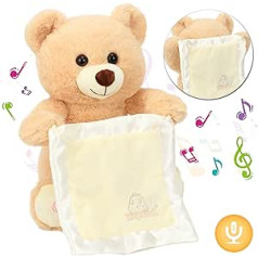 Hopearl Peek A Boo Bear with Safety Blanket Interactive Repeats What You Say Plush Teddy Bear Toy Musical Singing Talking Stuffed Animal Adorable Electric Animate, Beige, 28 cm