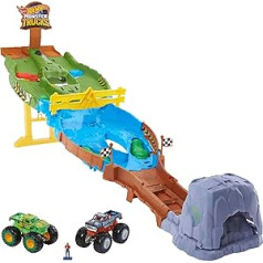 Hot Wheels HJG32 Monster Trucks sacīkšu trases spēļu komplekts ar Monster Trucks Bigfoot un Gunkster sacīkšu sacīkstēm, automašīnu rotaļlietas bērniem no 4 gadu vecuma