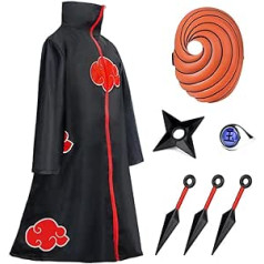 Akatsuki Coat for Children, Adults, Unisex Cosplay Costume, Cosplay, Halloween, Christmas Party Costume, Cape with Mask and Ring (Black, XS)