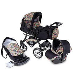 Buggie Urbano DenimParadise | 3-in-1 System | Pram, Combination Pram, Baby Seat, Car Seat System | Two-Way Handle | Travel System | Modern, Lightweight Trolley with All Accessories Included