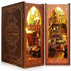 Hlieeosfcn DIY Book Nook Kit, 3D Puzles koka grāmatplaukti ar koka mēbelēm un LED miniatūra leļļu namiņš bērniem