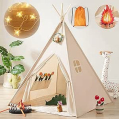 Tiny Land Teepee telts bērniem ar gaismām un ugunskura rotaļlietu un somu, mazgājama bērnu telts iekštelpām, Teepee telts bērnu istaba, rotaļu telts meitenēm un zēniem, rotaļlieta 3–5 gadiem