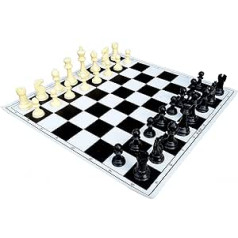 StonKraft 17 x 17 Inch Tournament Chess Vinyl Rollup Chess Game with Solid Plastic Pieces (with Extra Ladies) - Black