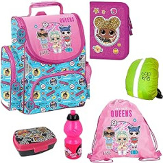 Goldkids LOL Surprise LOL skolas somu komplekts Ergonomisks somas zīmulis sporta soma pusdienu kaste ūdens pudele lietus pārvalks meitenēm rozā zila 6-daļīgs LOL Dolls Glam Licensed, rozā, skolas somas komplekts