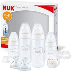 Nuk First Choice+ Perfect Start Baby Bottle Set Anti-Colic Baby Bottles (2 x 150 ml & 2 x 300 ml), Pudeļu Brush & More | Bez BPA | 0-6 mēneši Ar temperatūras kontroli. Sirdis (baltas)