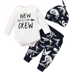 Toddler Baby Boys Dinosaur Clothing Set Funny Letter Print Bodysuit Romper + Trousers + Hat 3 Pieces Outfits White 3-6 Months, White