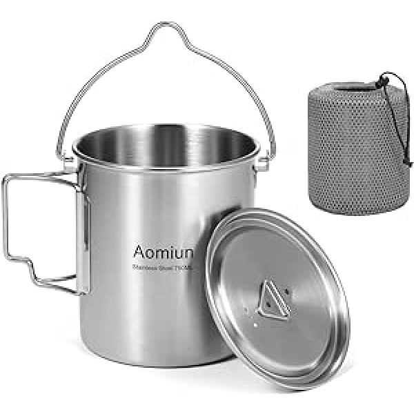 Aomiun Camping Pot Cup Outdoor, 750 ml liela ietilpība, viegls un pārnēsājams nerūsējošā tērauda ūdens kauss ar salokāmiem rokturiem un vāku kempinga pārgājieniem ar mugursomu