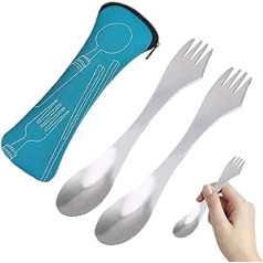 2 Pack 3 in 1 Stainless Steel Camping Spork, Multifunctional Lightweight Knife Fork, Knife Spoon Fork with Portable Pouch, Outdoor Cutlery, All in One Fork for Outdoors, Camping, Hiking Travel