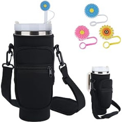 Tedmax Water Bottle Holder with Strap for Stanley Tumbler with Handle, Neoprene Water Bottle Carrying Case with Phone Pocket, Stanley Tumbler Accessories with Straw Covers, black