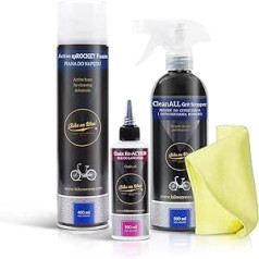 Bike on Wax Clean and Smooth 3-Piece Bicycle Care Set, SpROCKET Foam, Chain Re-Action Oil, CleanALL Grit Stopper, Cleaning Cloth, for Lubricating & Cleaning Bearings, Bowden Cables, Pedals