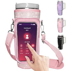 Bling Water Bottle Carrying Case with Phone Pocket for Stanley 4oz Cup with Handle, Glitter Neoprene Water Bottle Holder Pouch with Adjustable Strap and Phone Pocket for Stanley Accessories (Pink)