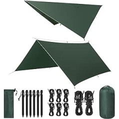 Camping Tarpaulin, Tarp 3 x 3 m Waterproof, Anti-UV Snow Rain Sun Protection, Tarp with Eyelet + Aluminium Pins + Nylon Ropes, Ultralight Portable, for Hammock, Outdoor Camping