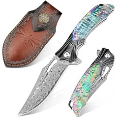 Zingbee Damask Pocket Knife, High-Quality VG10 Damascus Steel Blade, EDC One-Handed Knife, Damascus Knife, Folding Knife for Hiking, Camping, Collecting, Hunting, Liner Lock, Abalone Shell Handle