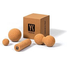 YOGAKLAR Natural Cork Fascia Set Consisting of 1 Small Ball, 1 Large Ball, 1 Small Roller, 1 Peanut Double Ball For Intense Self-Massage - 4 Sustainable and Environmentally Friendly Fascia Products