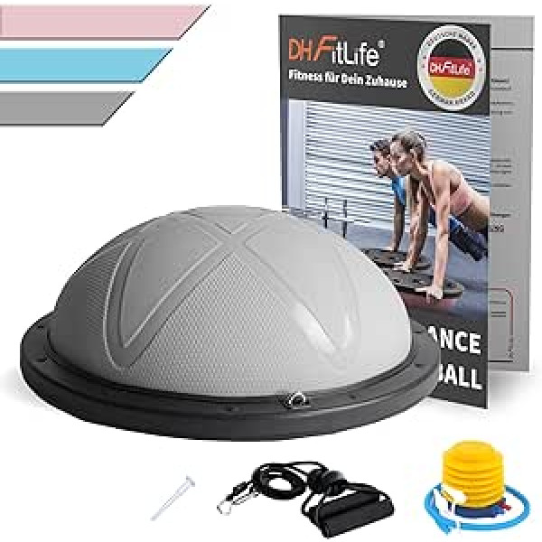 DH FitLife līdzsvara bumba, Jogas līdzsvara trenažiera diametrs 60 x 22 cm līdz 200 kg, Half Exercise Ball Fitness līdzsvara dēlis ar sūkni un 2 fitnesa siksnām