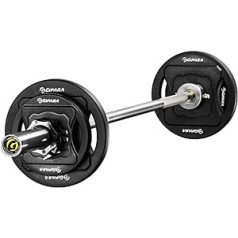 GIPARA FITNESS sūkņu komplekts 10 gab. | 1 taisns garš stienis 12 kg, 6 x 2 rokturu svaru plāksnes ar uretāna pārklājumu 2 x 1,25 kg, 2 x 2,5 kg, 2 x 5 kg, 2 x atsperu fiksatori, 1 svara balsts